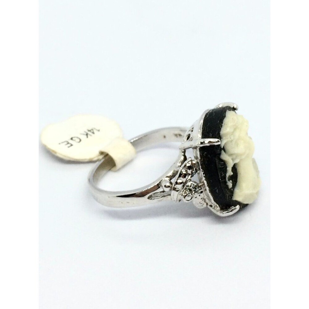 Vintage Cameo Ring 14k GE Silver Tone Resin Black Statement Lady 6.75 - Picture 4 of 15